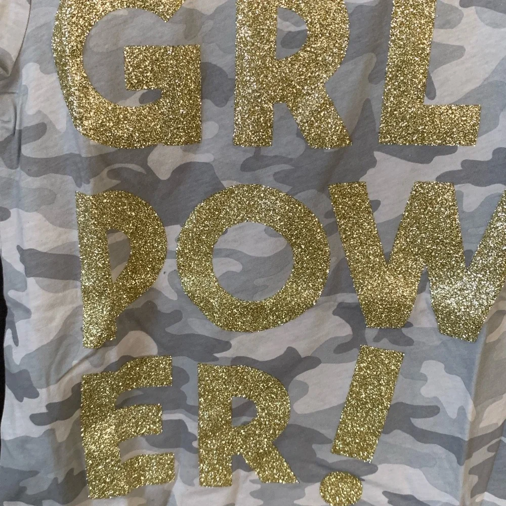Justice Gray Camo Gold Glitter “GRL POWER” Short Sleeve Tee-Shirt